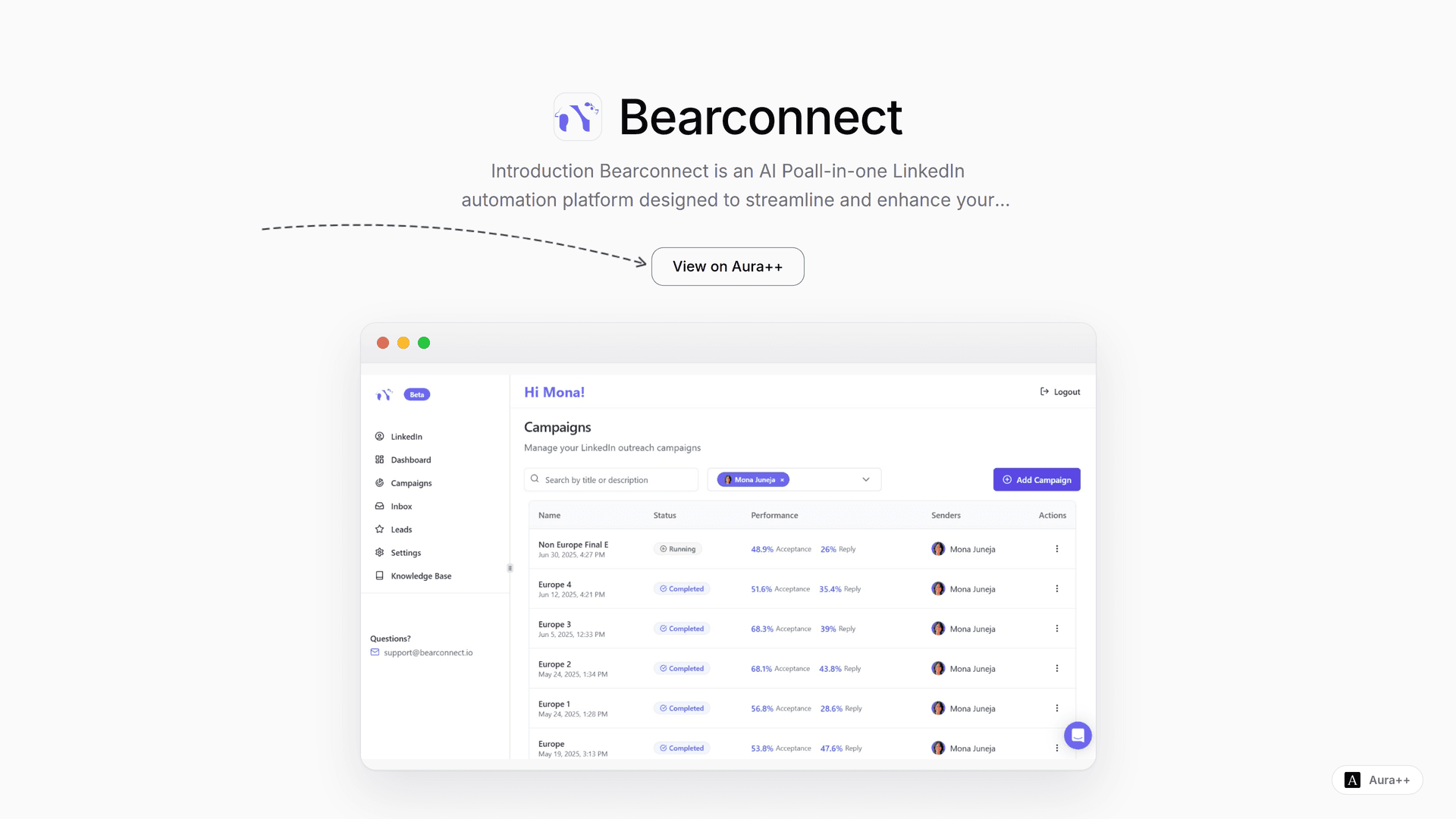 Bearconnect - LinkedIn Automation Platform launch story featured image on Aura++