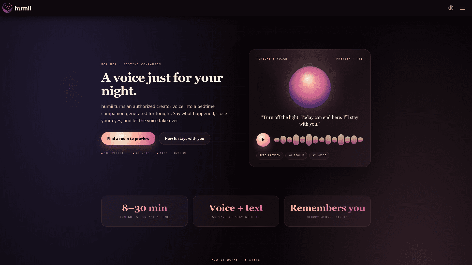 humii Bedtime AI Companion product preview for startup listing on Aura++