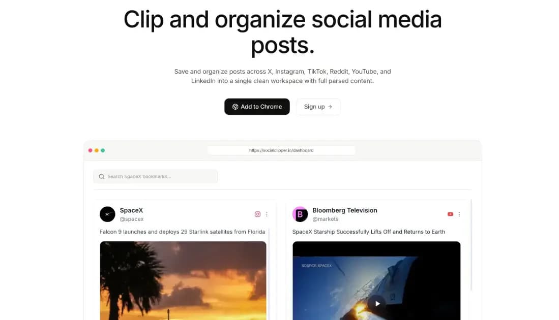 SocialClipper product preview for startup listing on Aura++