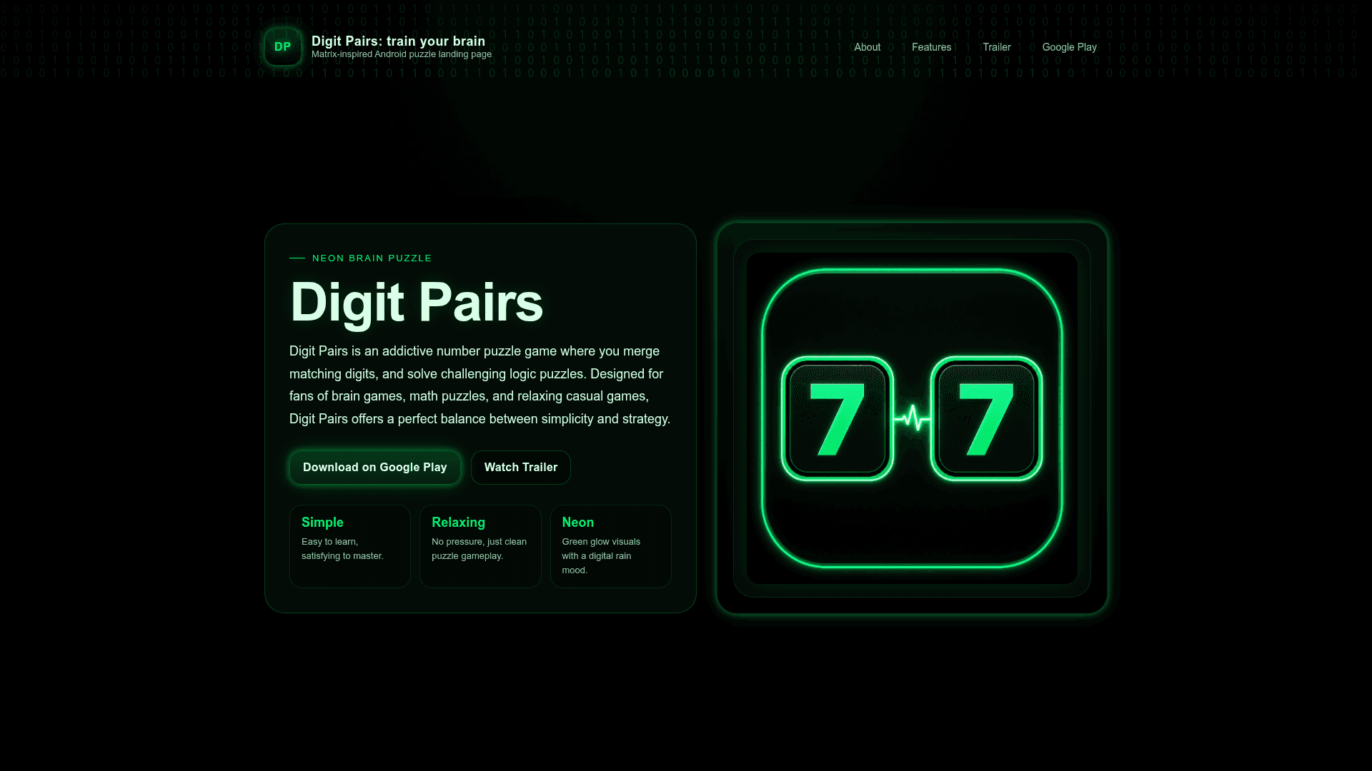 Digit Pairs: Neon Number Puzzle Game product preview for startup listing on Aura++