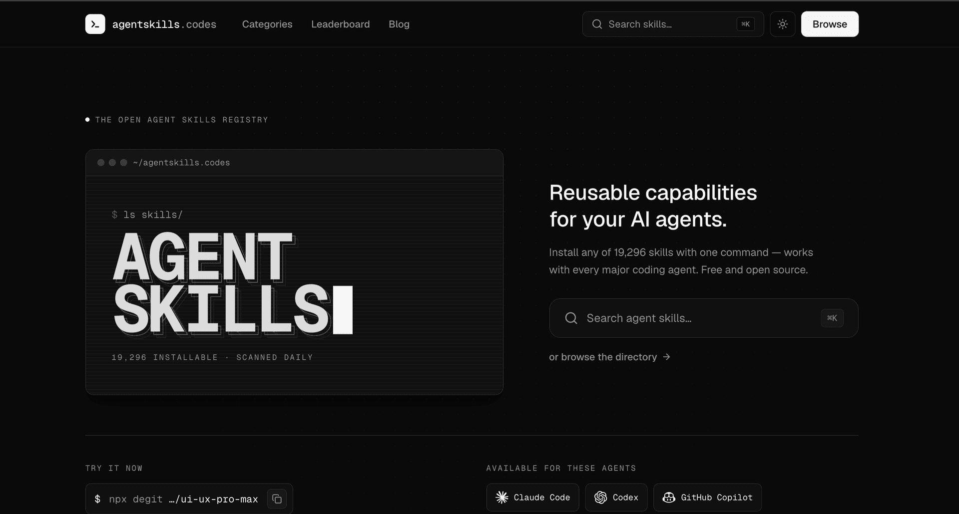 Agent Skills Registry for AI Coding Assistants product preview for startup listing on Aura++