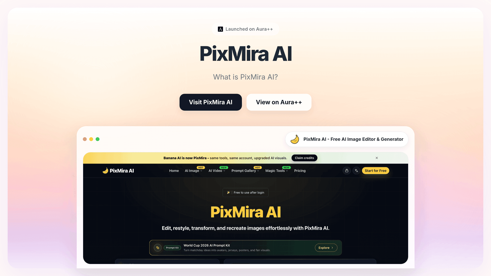 PixMira AI - Free AI Image Editor & Generator launch story featured image on Aura++