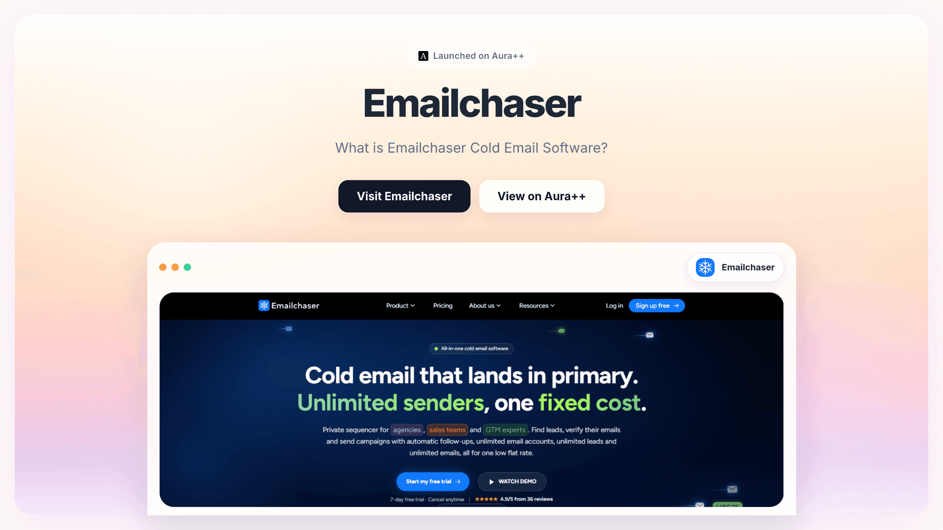 Emailchaser - All-in-One Cold Email Software launch story featured image on Aura++