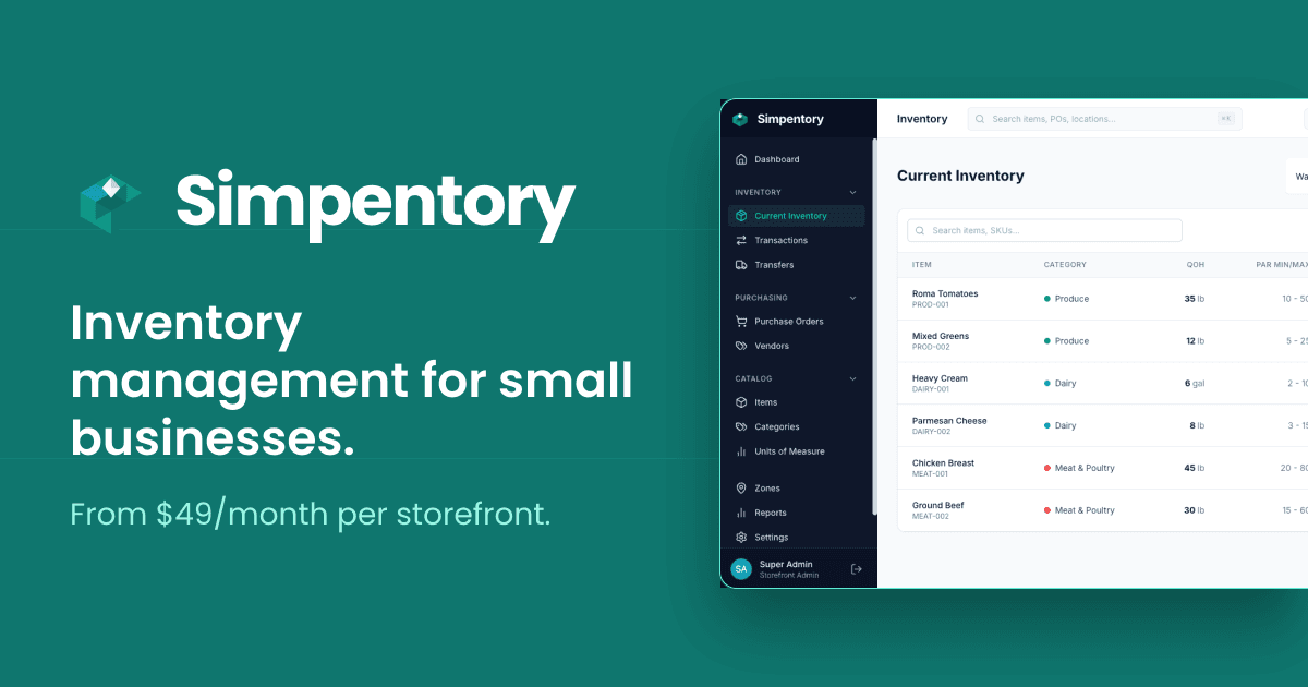 Simpentory Inventory Management product preview for startup listing on Aura++