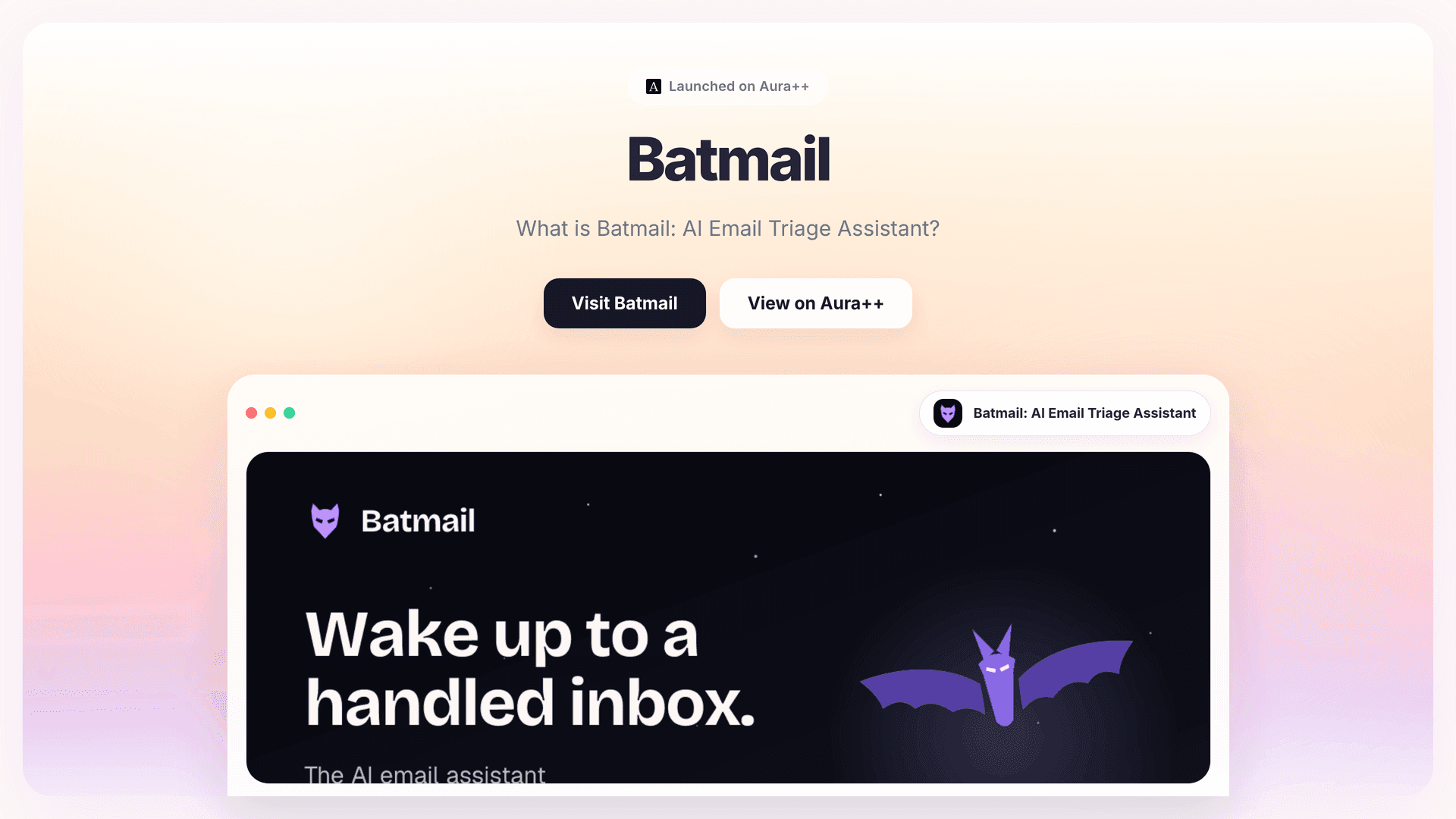 Batmail: AI Email Triage Assistant launch story featured image on Aura++