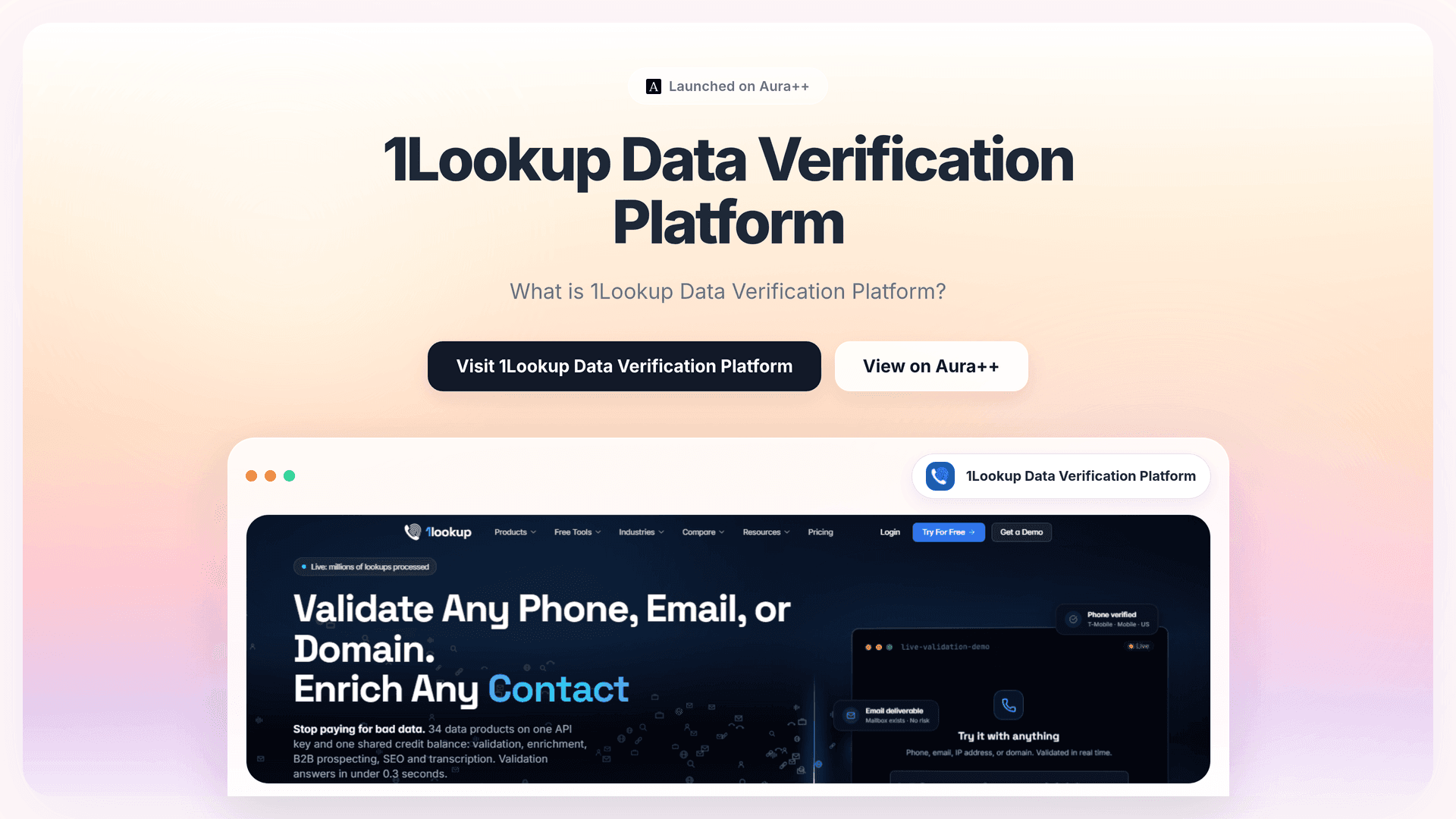 1Lookup - Data Verification Platform launch story featured image on Aura++