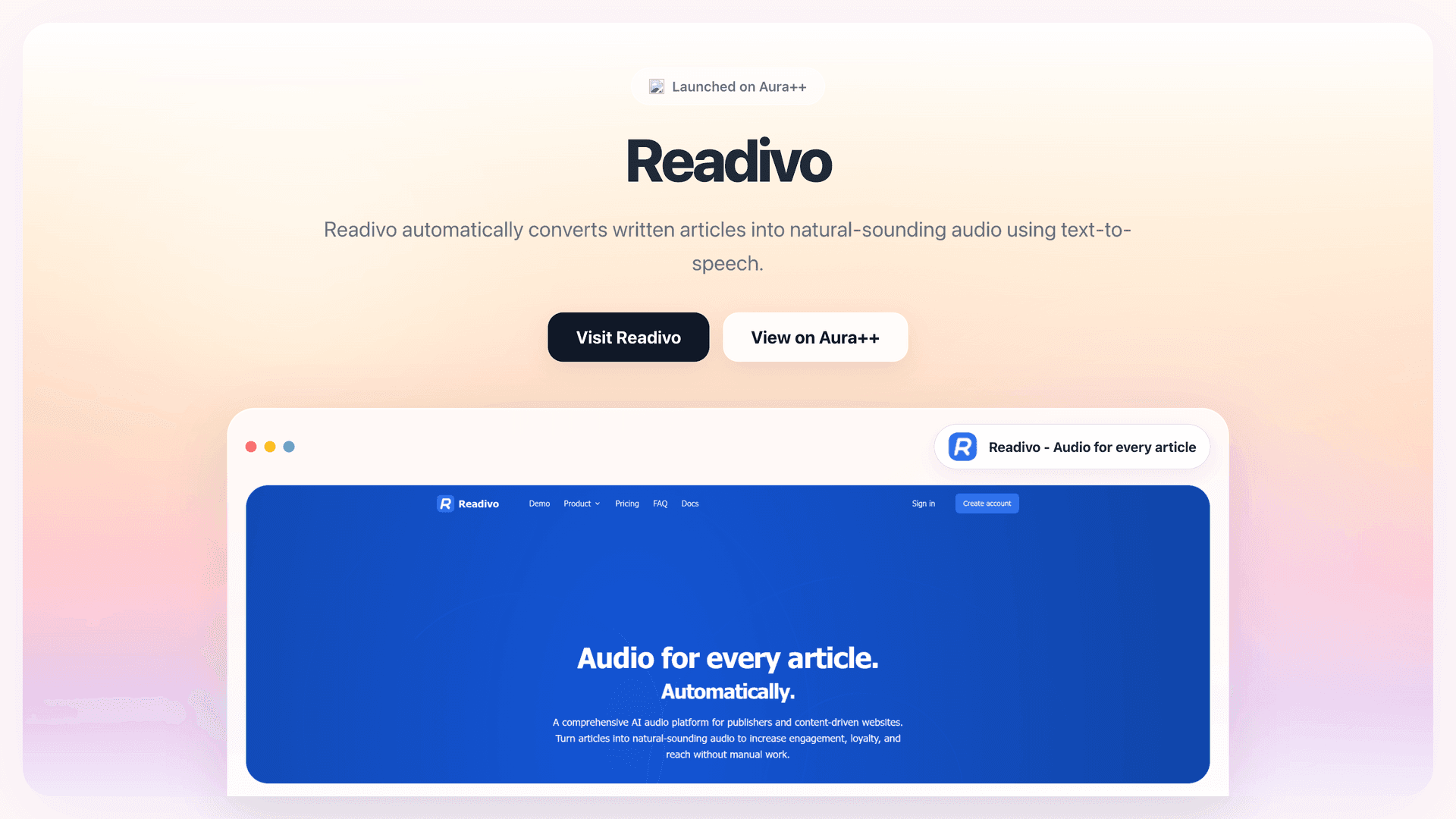Readivo - Audio for every article launch story featured image on Aura++