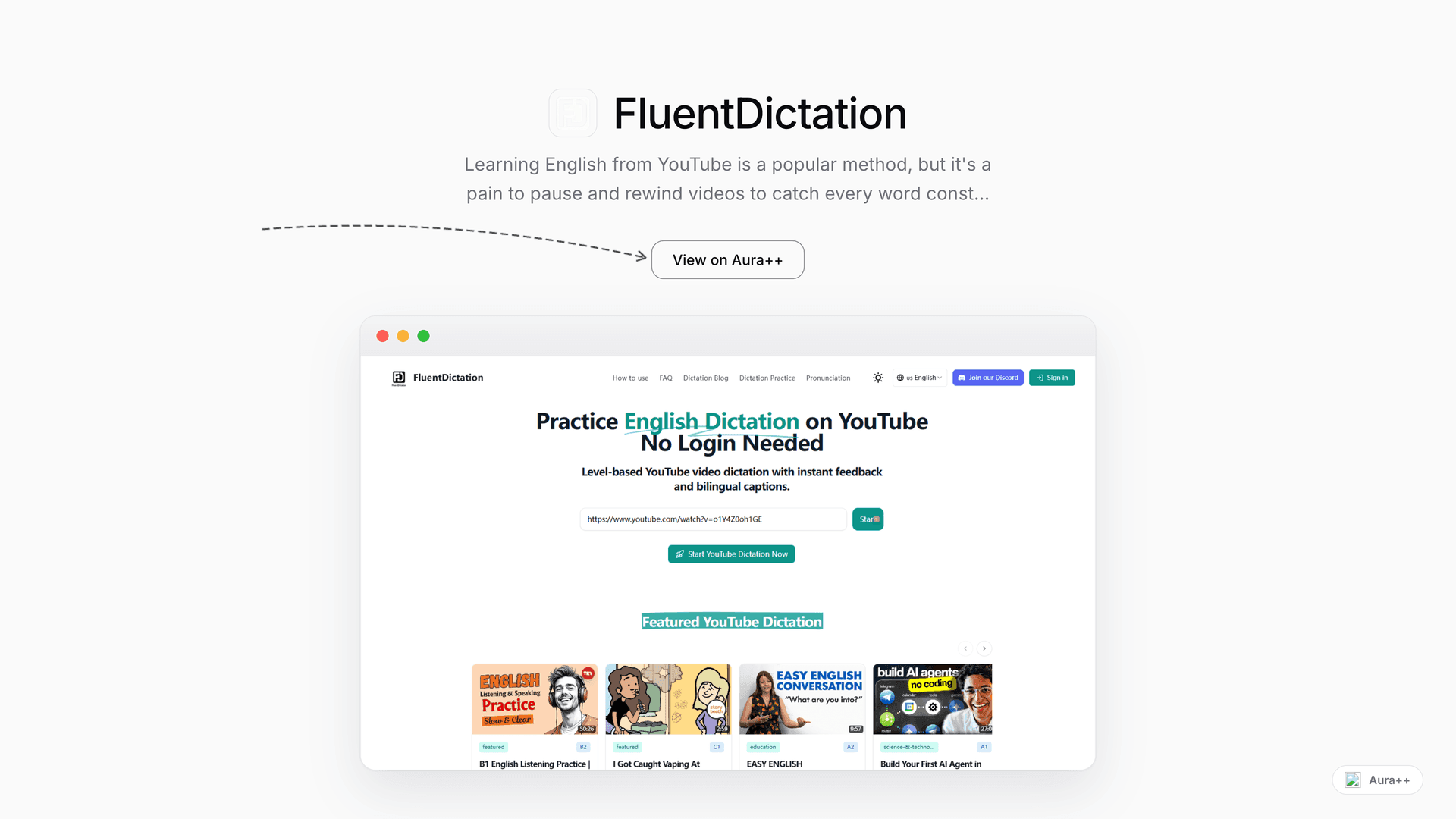 FluentDictation - Interactive YouTube English Practice launch story featured image on Aura++