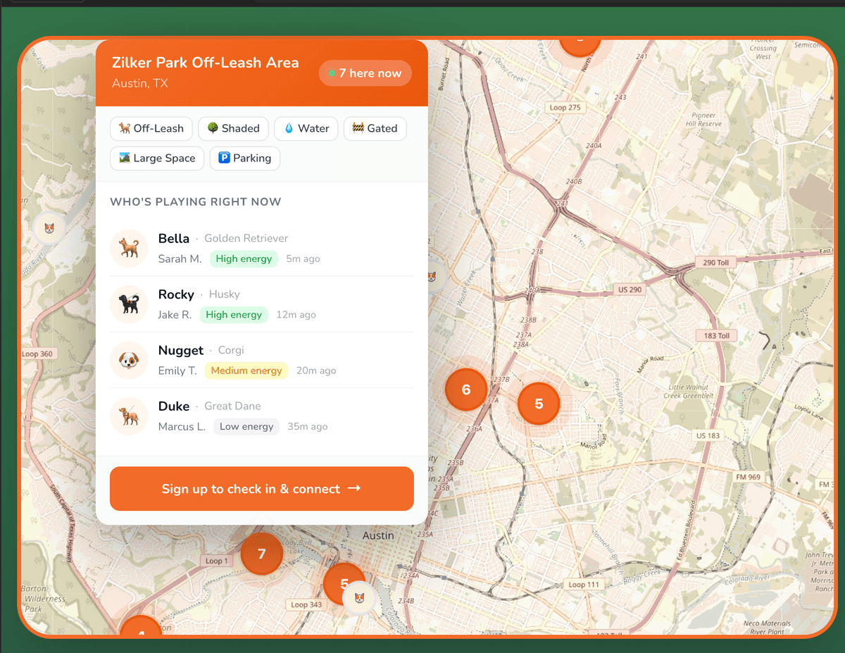 RuffRuff Let's Play - Dog Park & Community App product preview for startup listing on Aura++