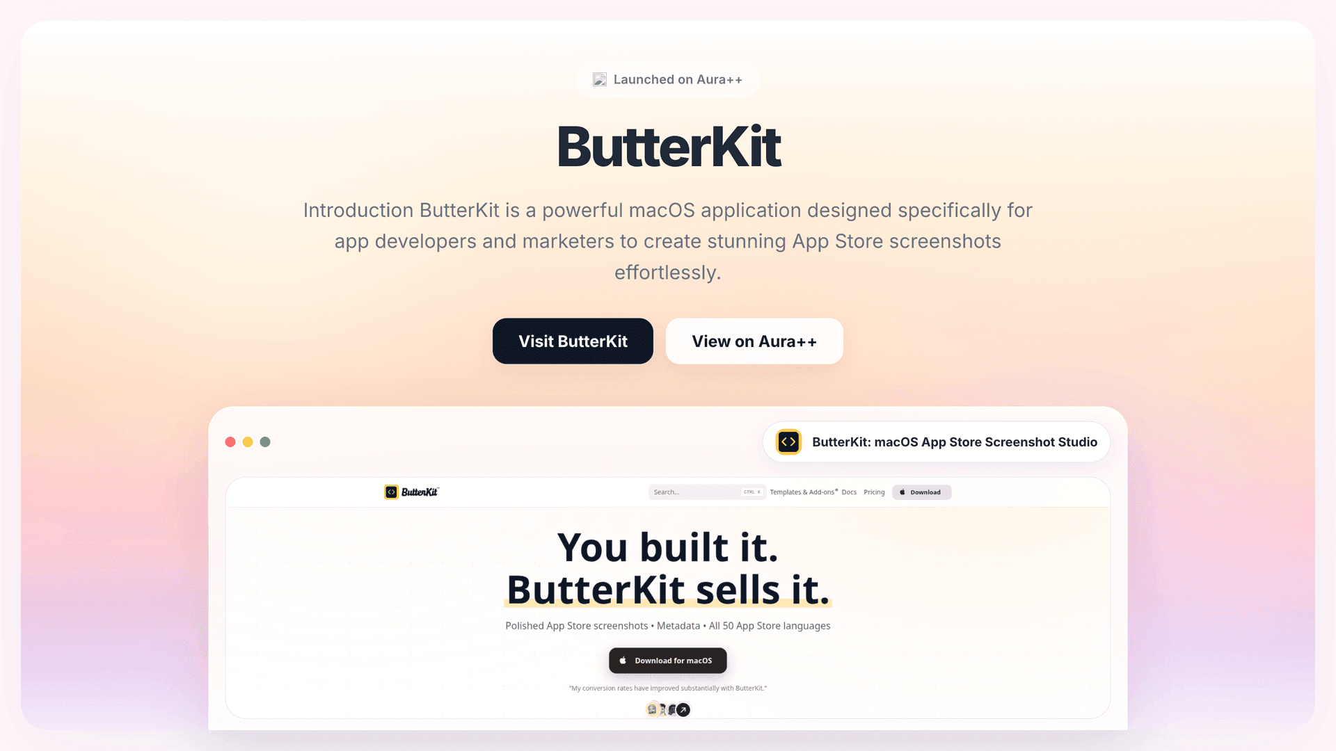 ButterKit: macOS App Store Screenshot Studio launch story featured image on Aura++