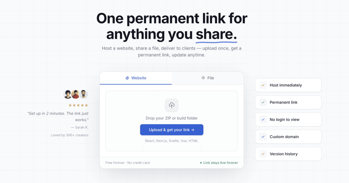 Clowd: Permanent Link Hosting Platform product preview for startup listing on Aura++