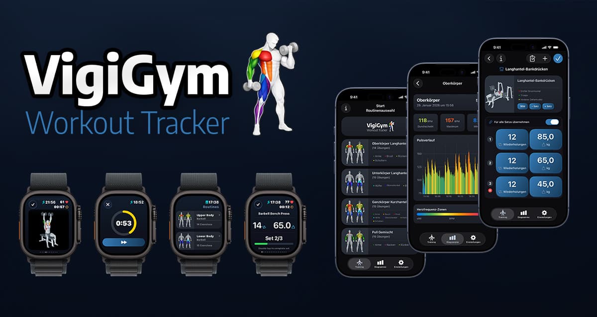 VigiGym Workout Tracker for iPhone & Apple Watch product preview for startup listing on Aura++
