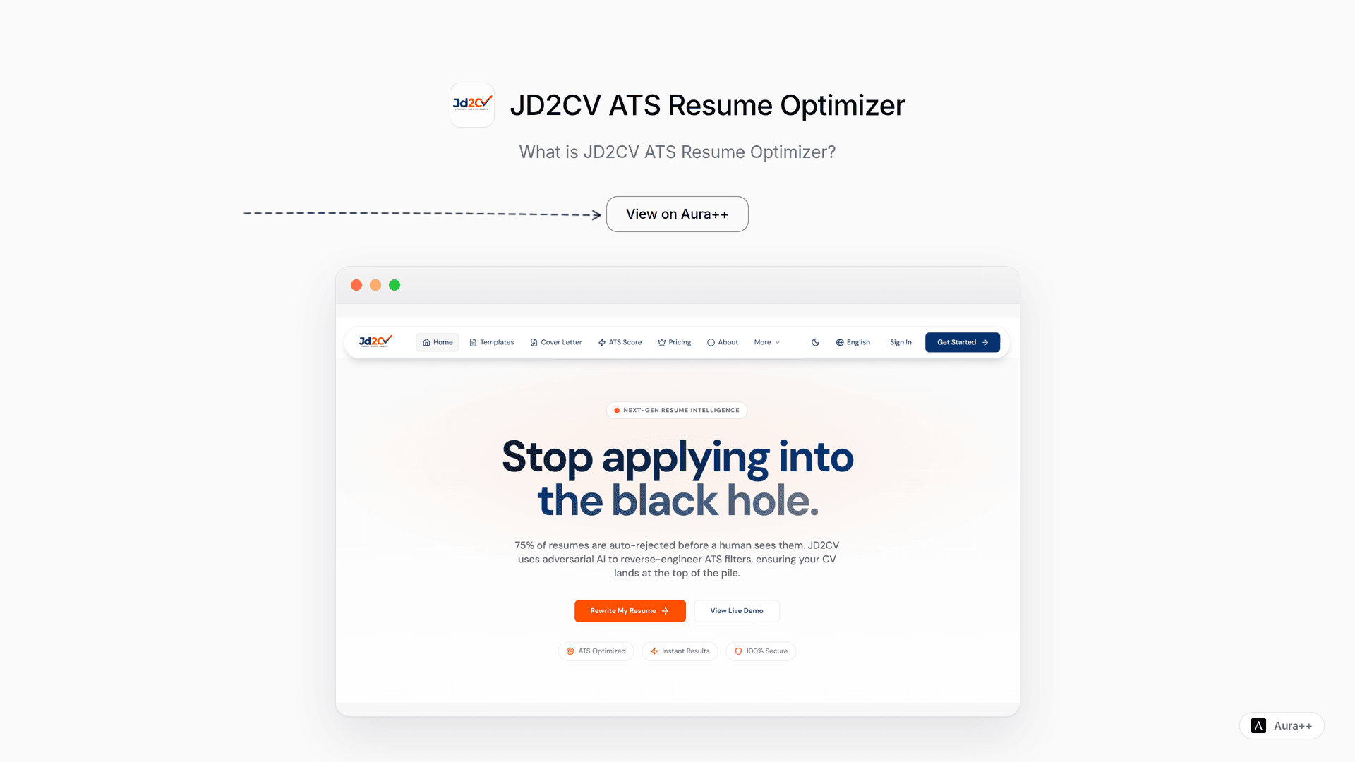 JD2CV ATS Resume Optimizer launch story featured image on Aura++
