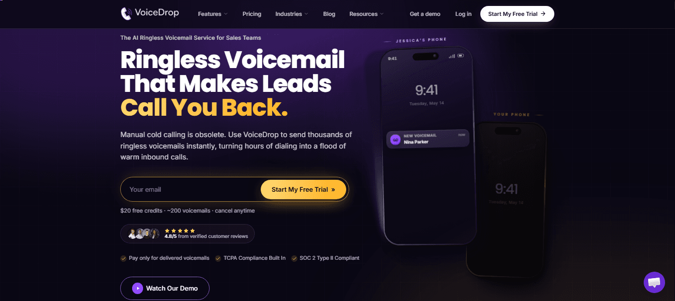 VoiceDrop - AI Ringless Voicemail product preview for startup listing on Aura++