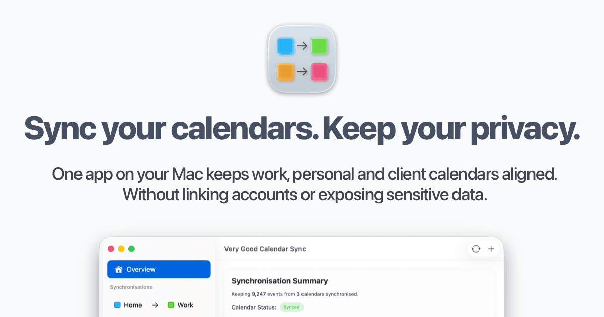 Very Good Calendar Sync product preview for startup listing on Aura++