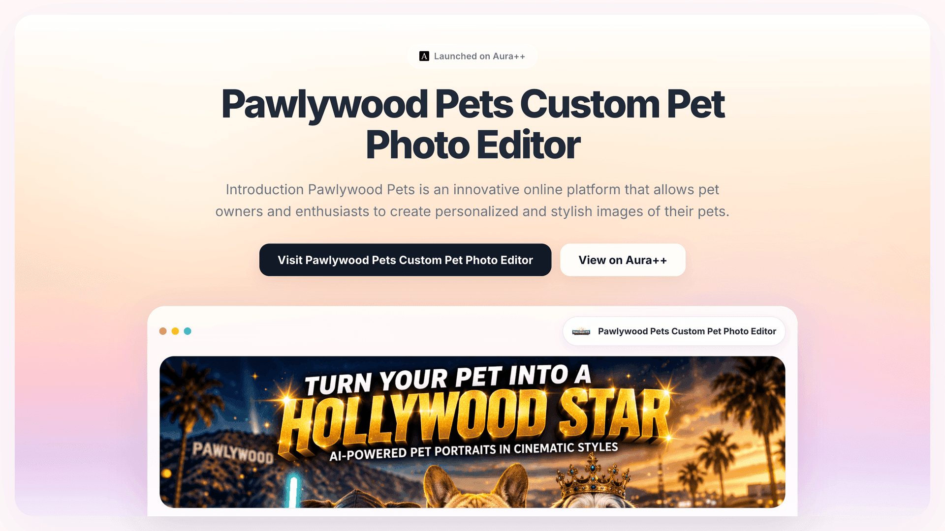 Pawlywood Pets Custom Pet Photo Editor launch story featured image on Aura++
