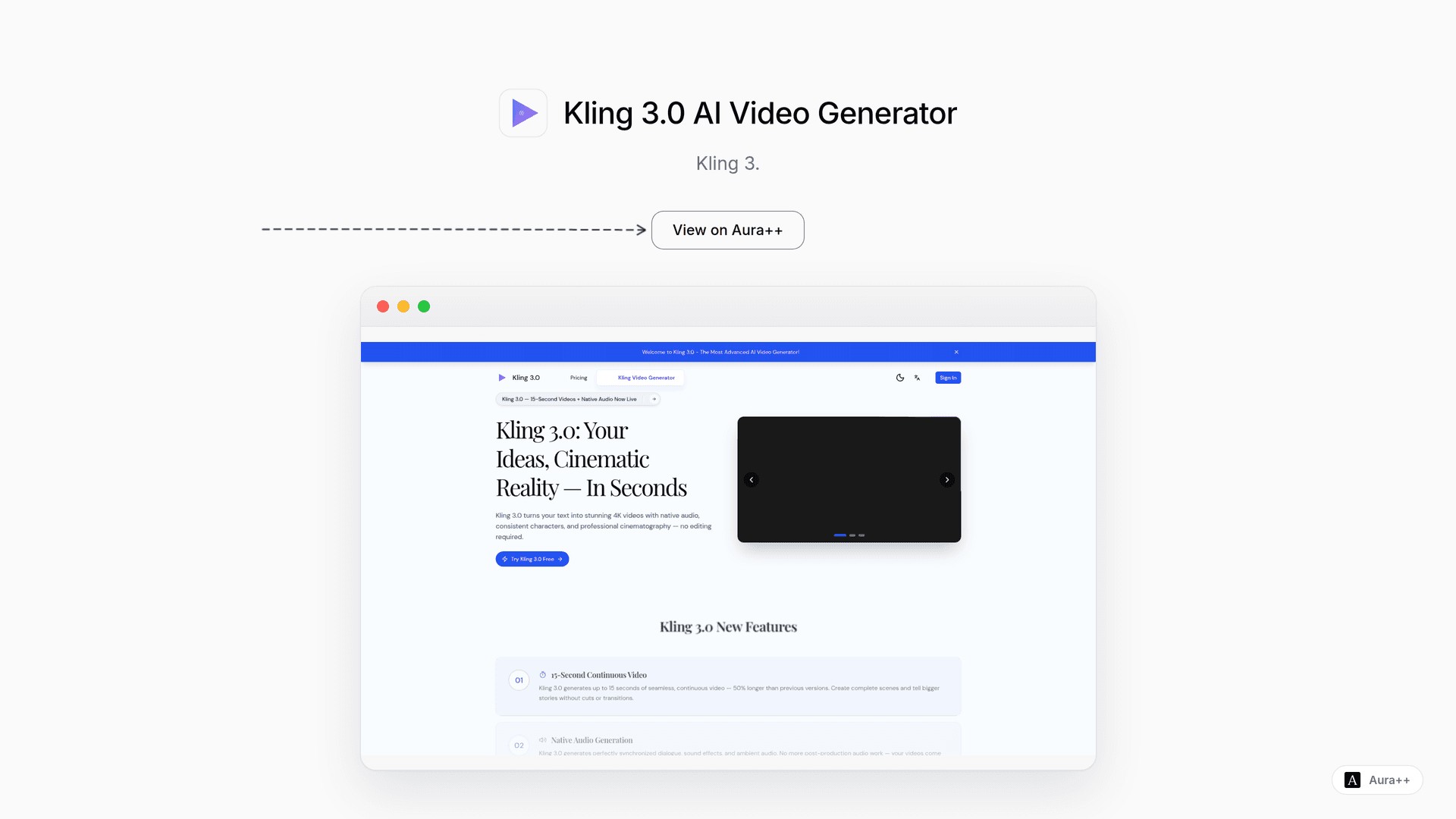 Kling 3.0 AI Video Generator launch story featured image on Aura++