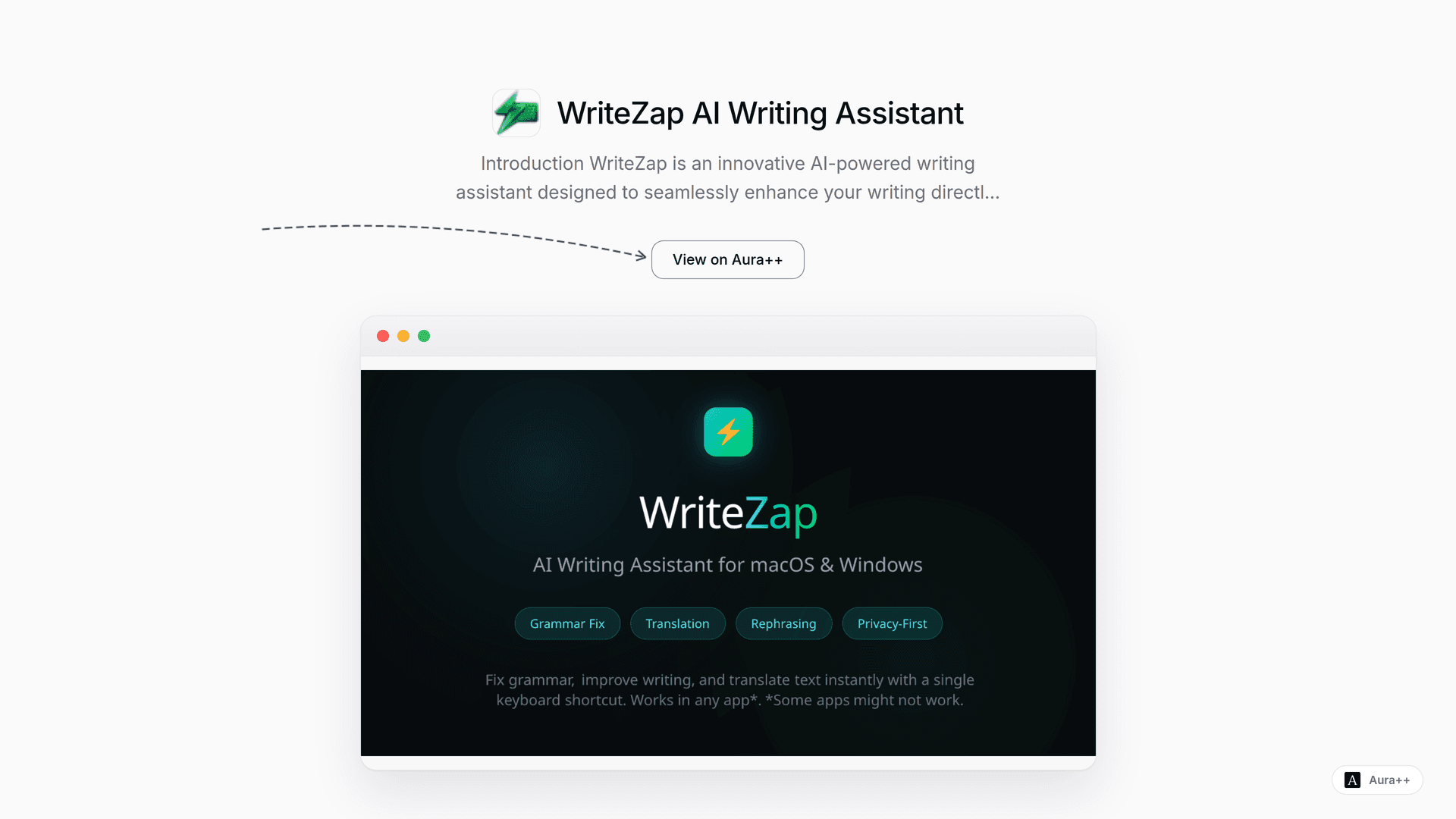 WriteZap AI Writing Assistant launch story featured image on Aura++