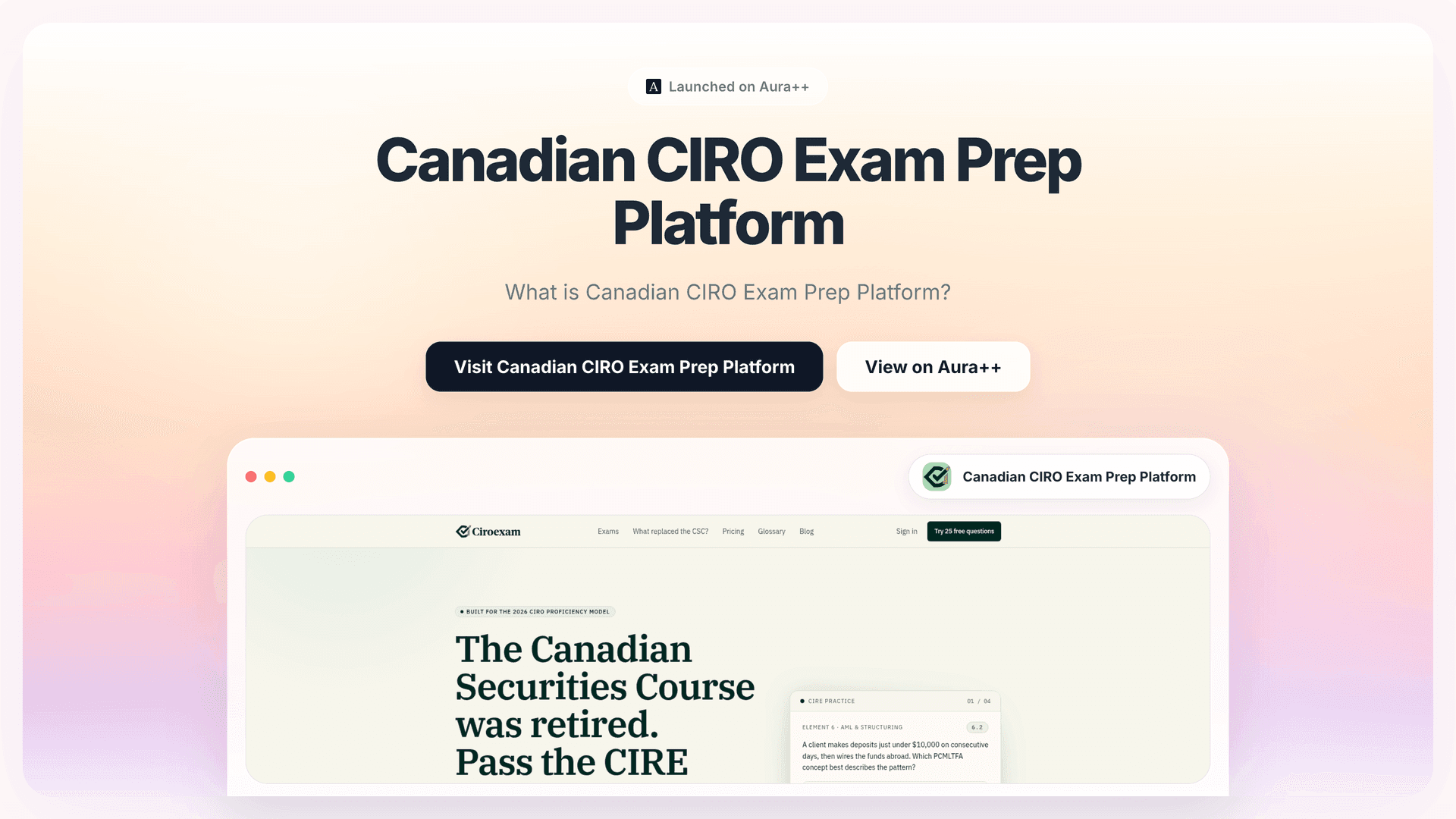 Canadian CIRO Exam Prep Platform launch story featured image on Aura++