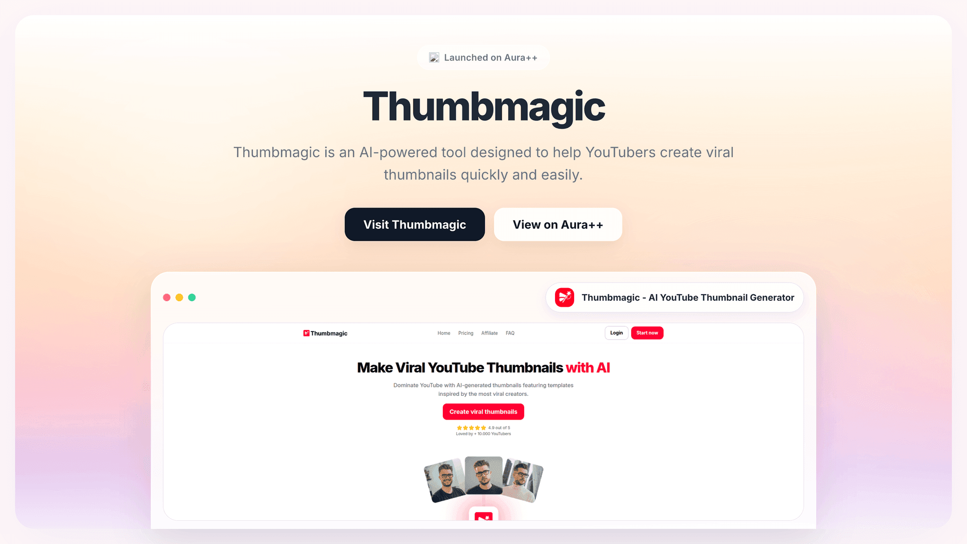 Thumbmagic - AI YouTube Thumbnail Generator launch story featured image on Aura++