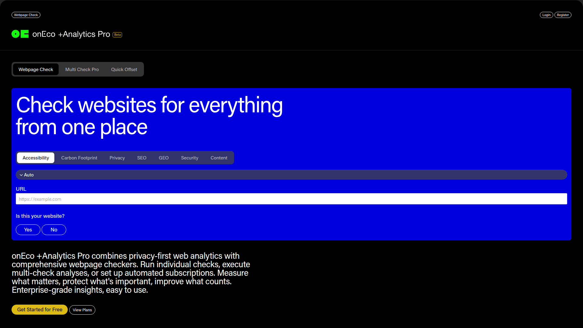 onEco Analytics Pro Suite product preview for startup listing on Aura++