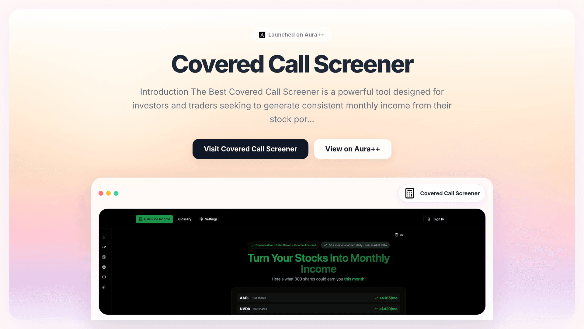 Covered Call Screener launch story featured image on Aura++