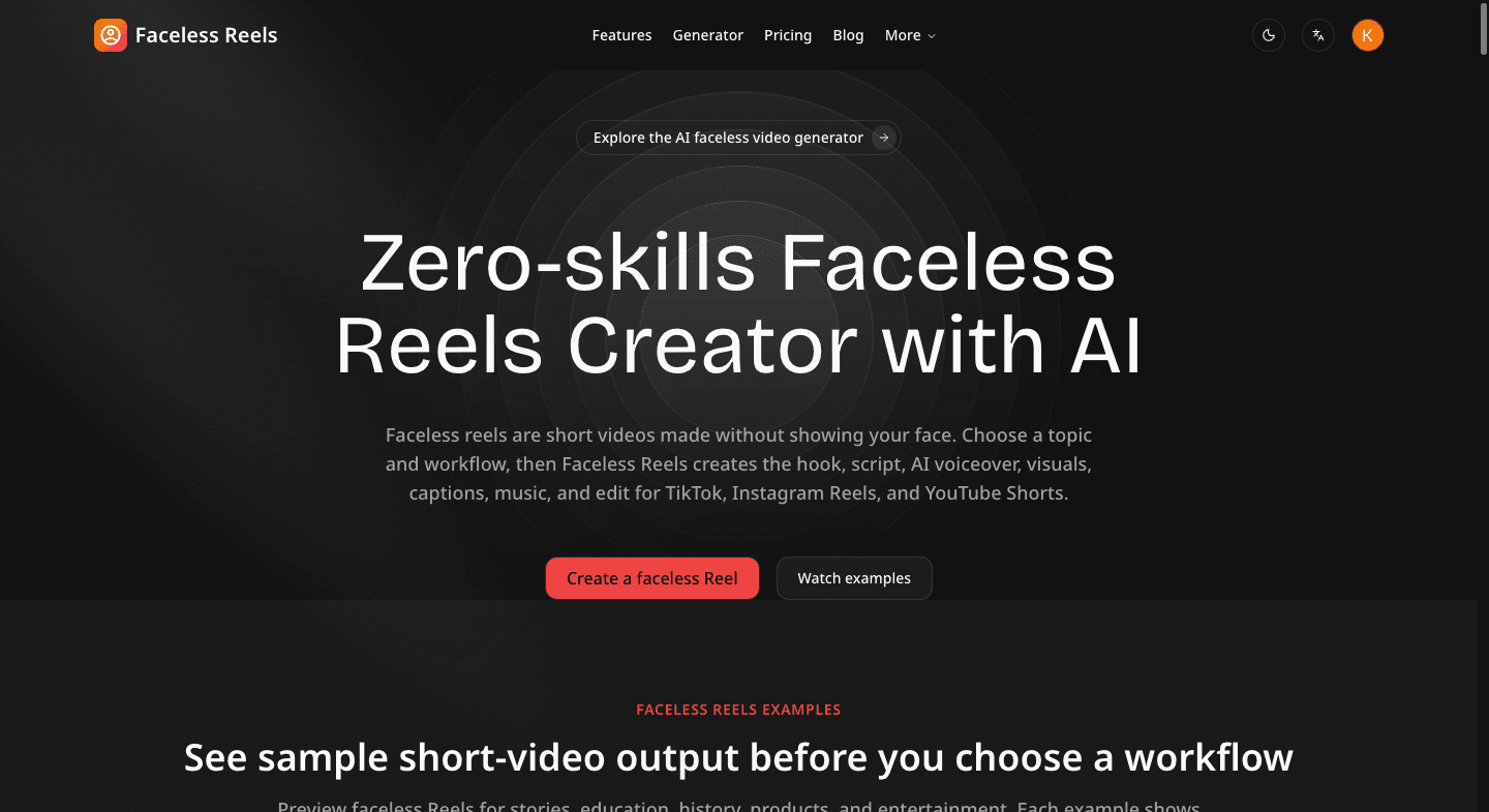 Faceless Reels product preview for startup listing on Aura++
