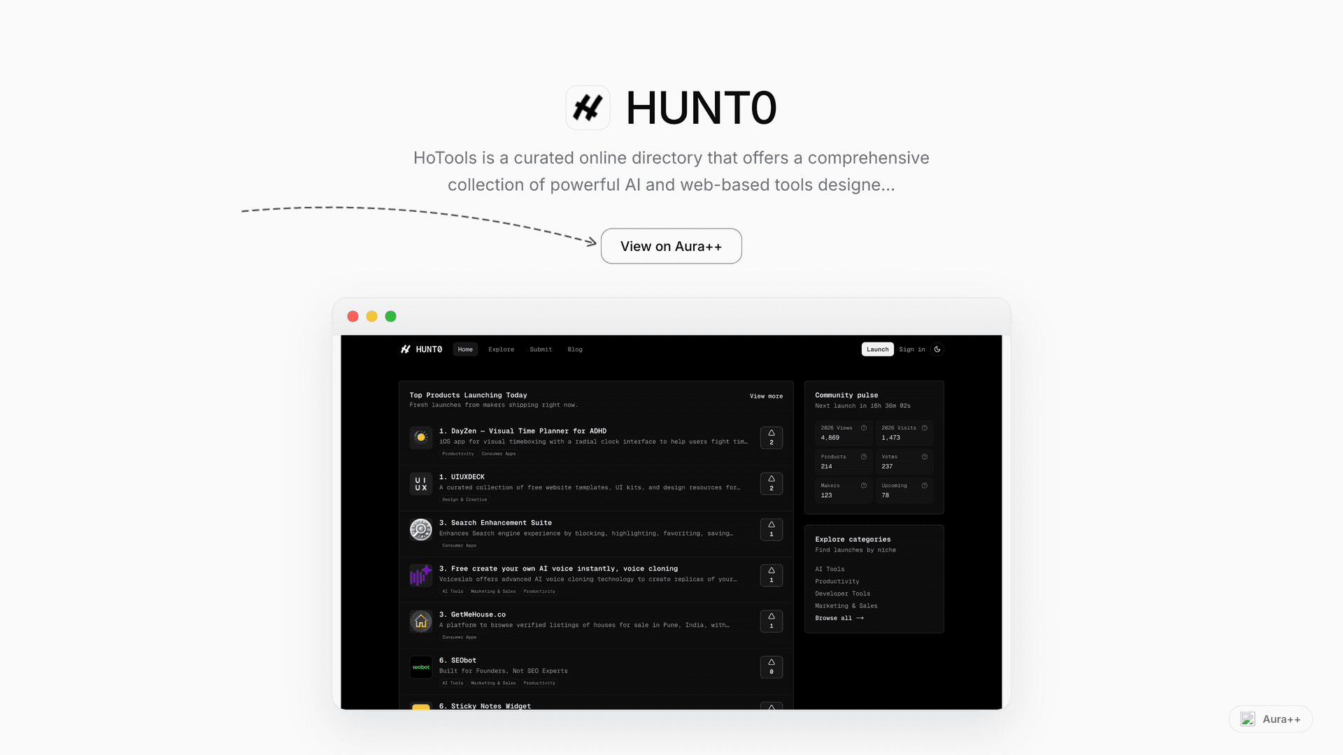 HUNT0 - Ship Early. Hunt Early. launch story featured image on Aura++