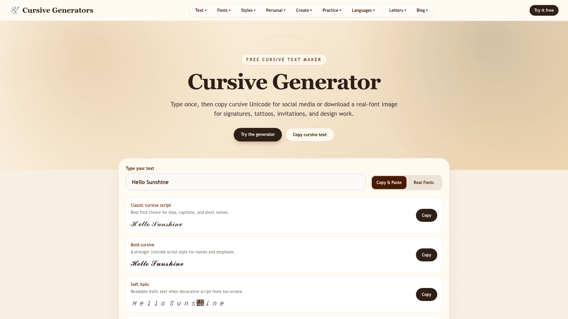 Free Cursive Text Generator product preview for startup listing on Aura++
