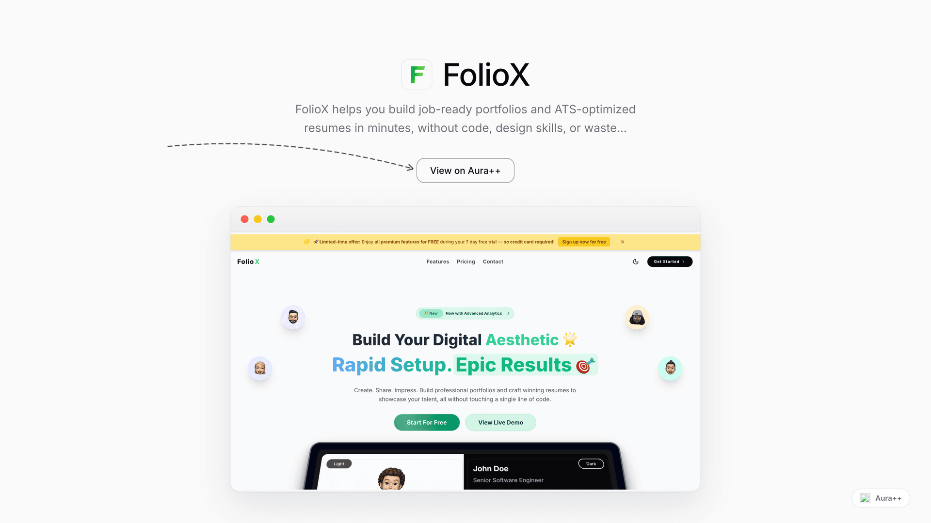 FolioX launch story featured image on Aura++