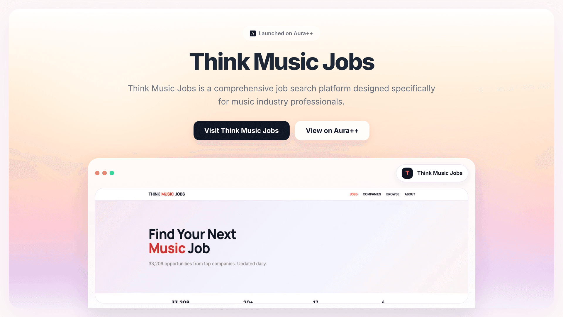 Think Music Jobs launch story featured image on Aura++