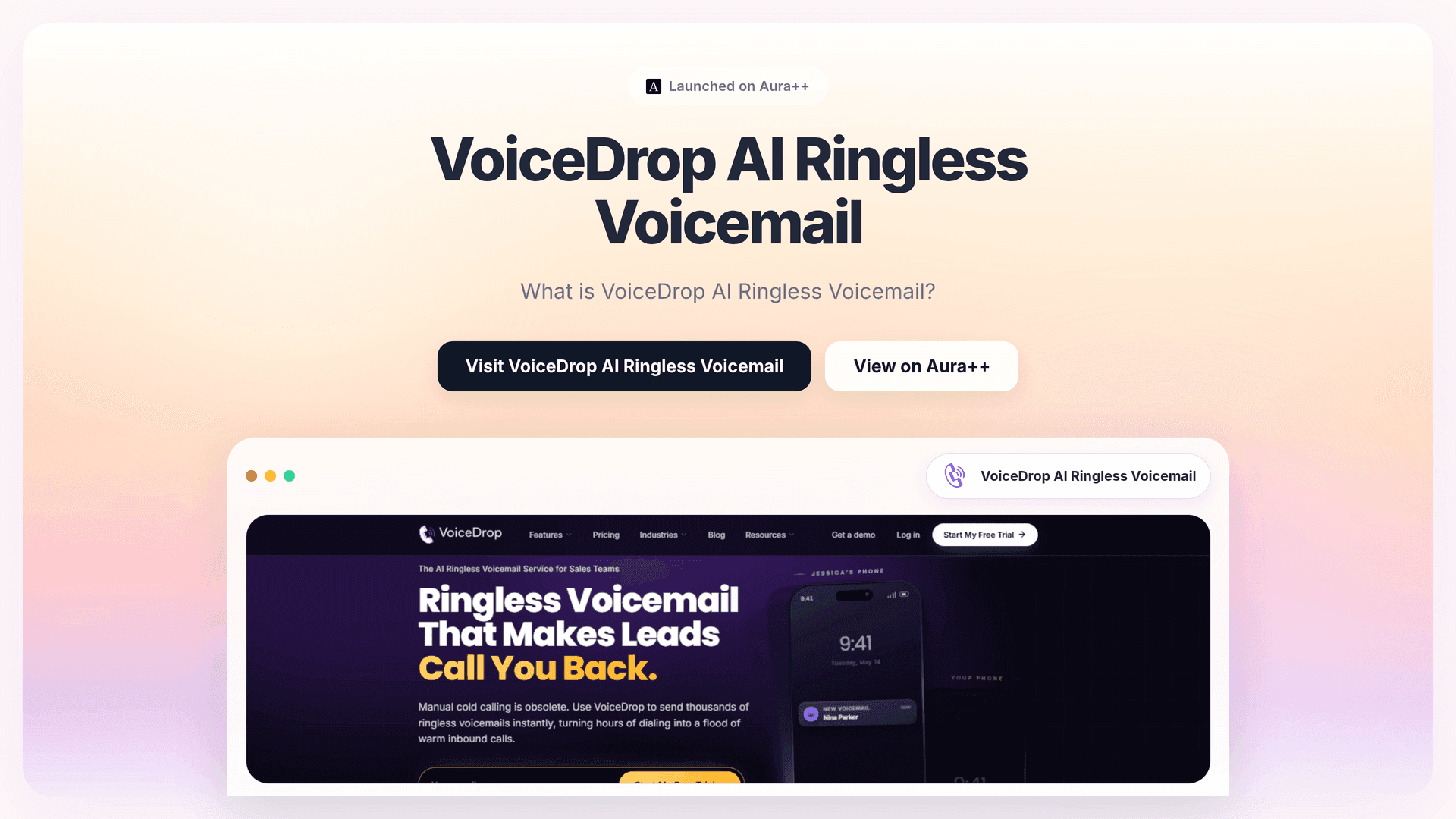 VoiceDrop - AI Ringless Voicemail launch story featured image on Aura++
