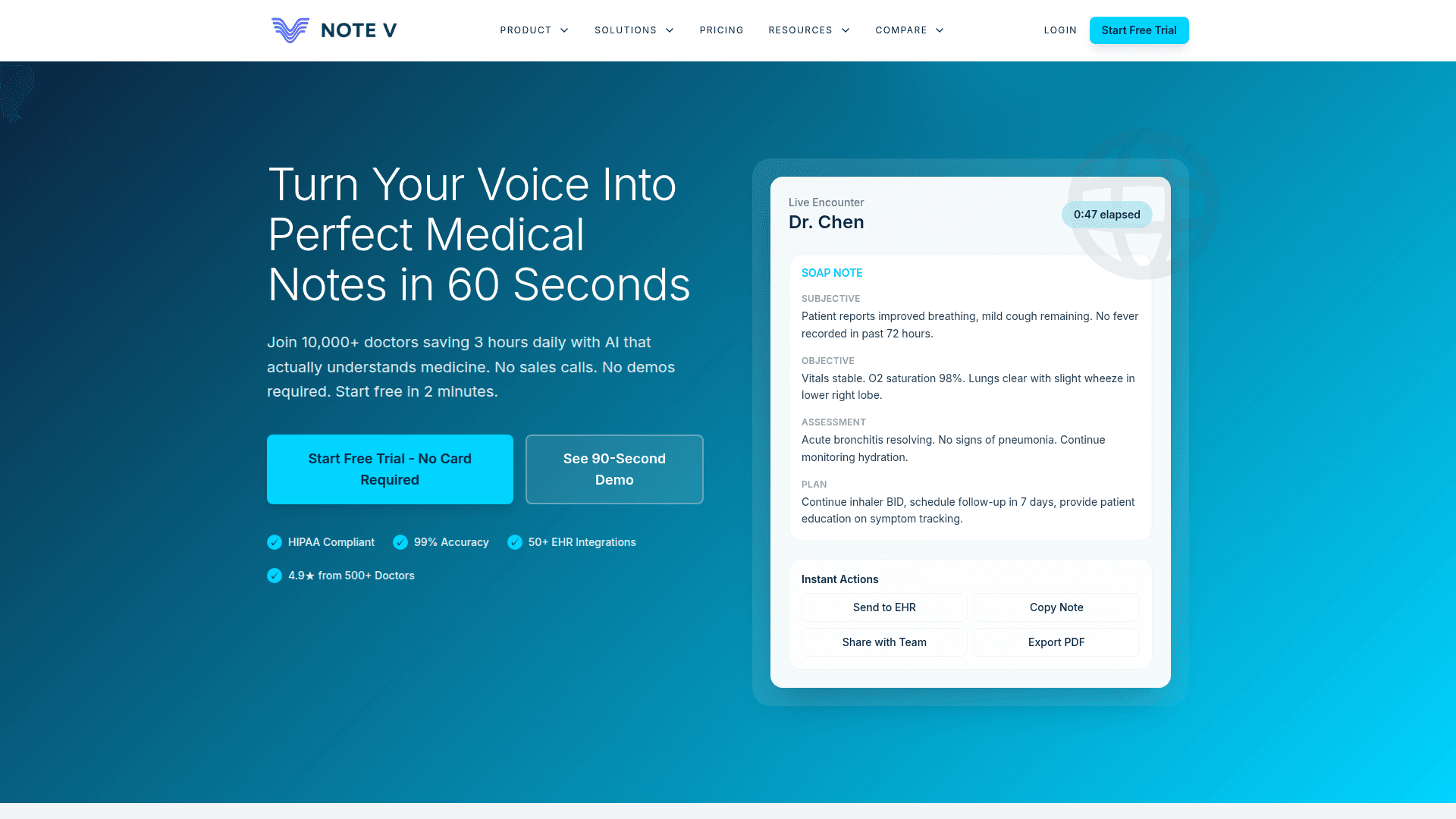 NoteV AI Medical Documentation product preview for startup listing on Aura++