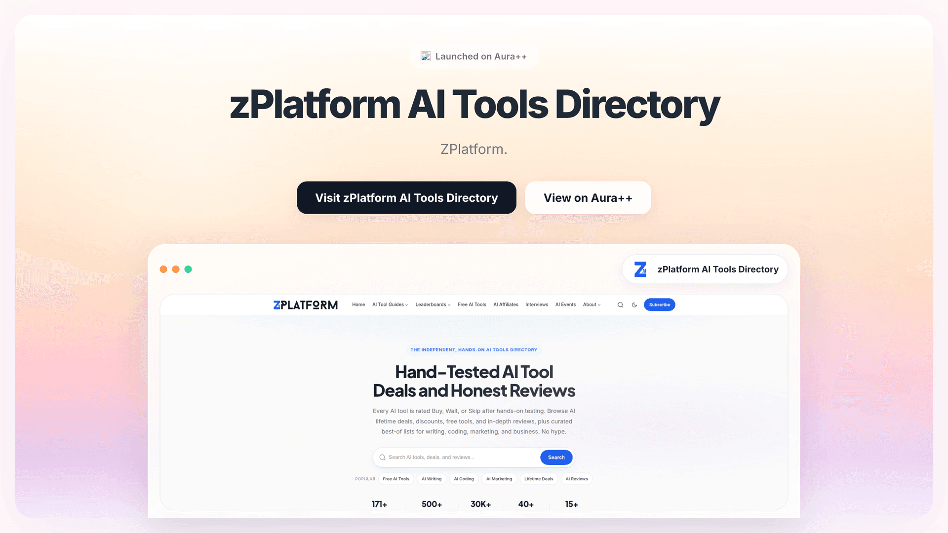 zPlatform AI Tools Directory launch story featured image on Aura++