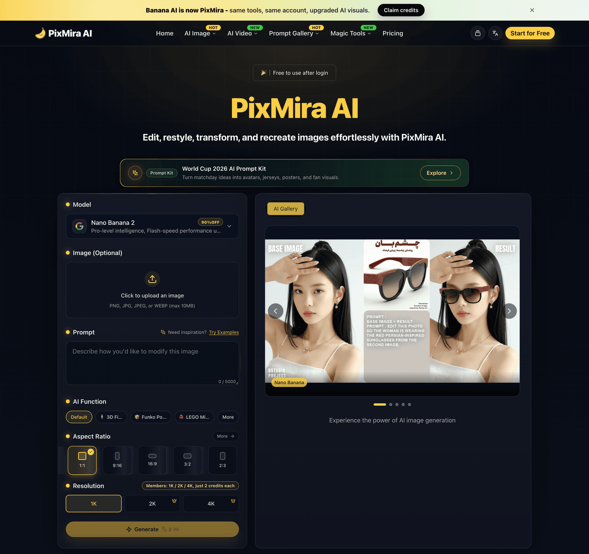 PixMira AI - Free AI Image Editor & Generator product preview for startup listing on Aura++