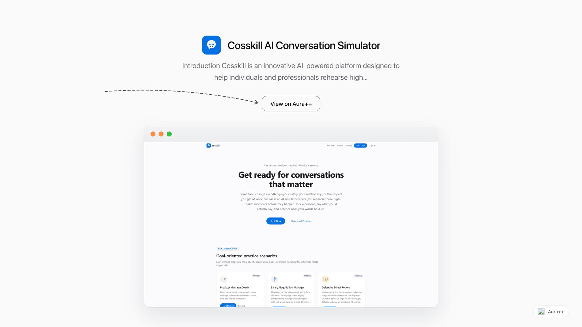 Cosskill AI Conversation Simulator launch story featured image on Aura++