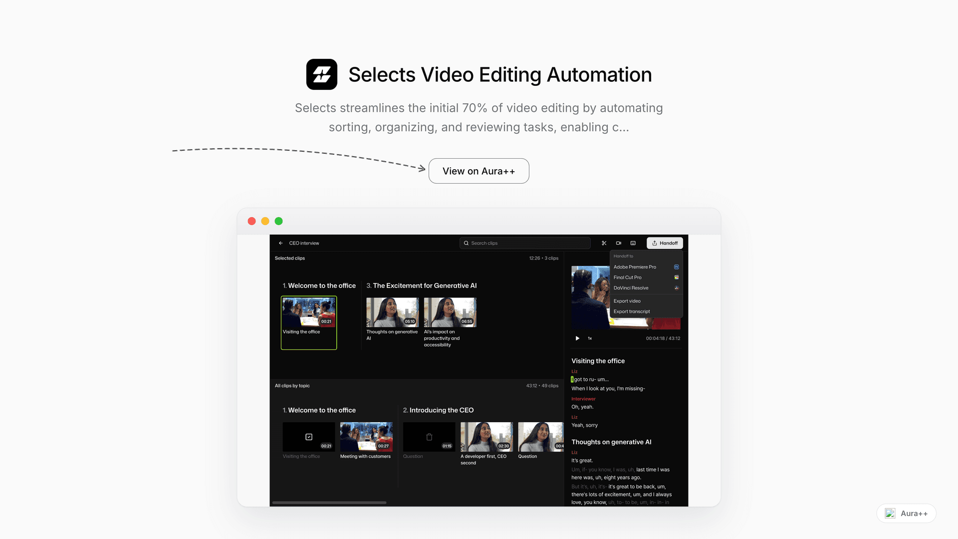 Selects Video Editing Automation launch story featured image on Aura++
