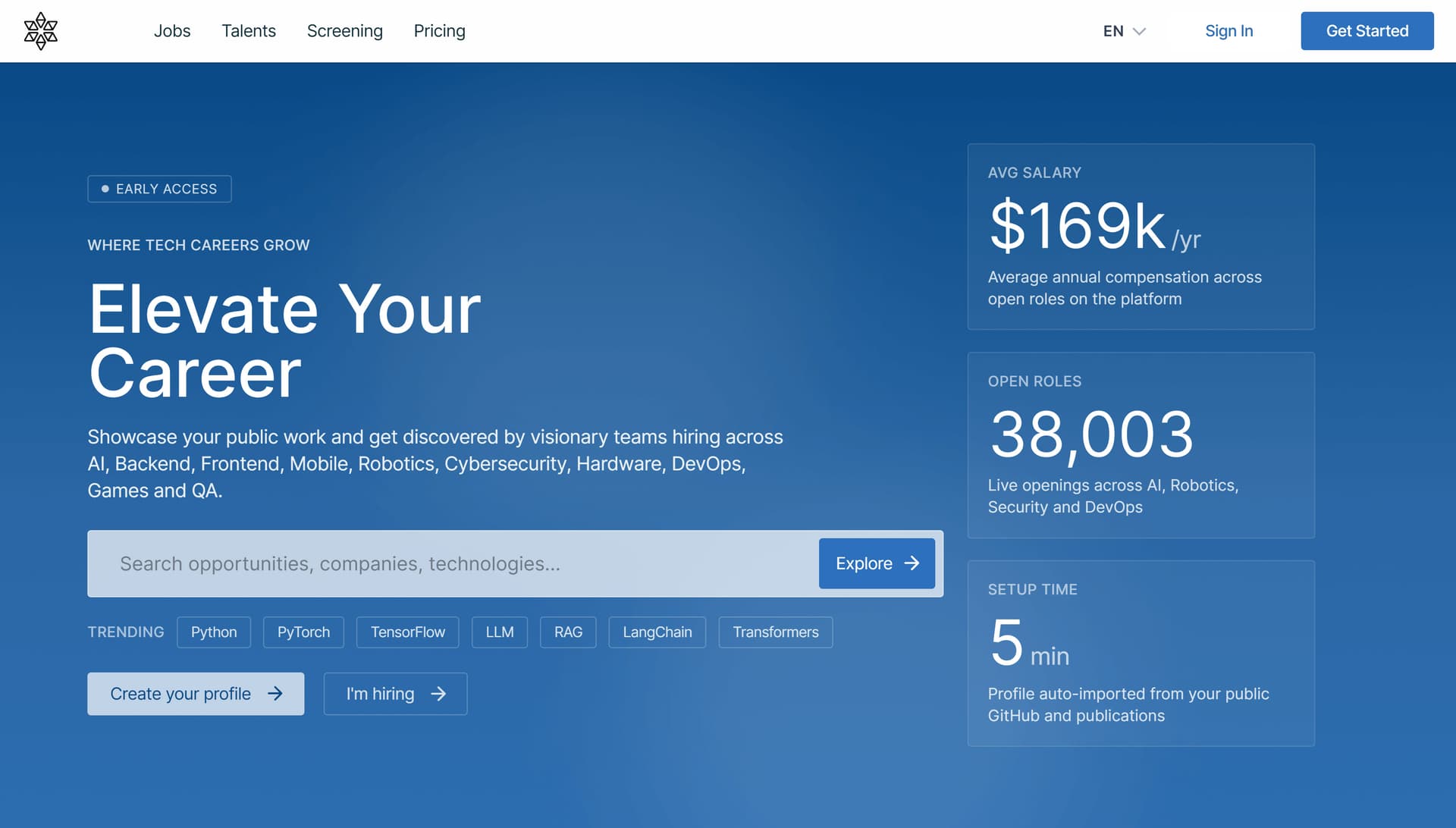 AI Developer Talent Platform product preview for startup listing on Aura++