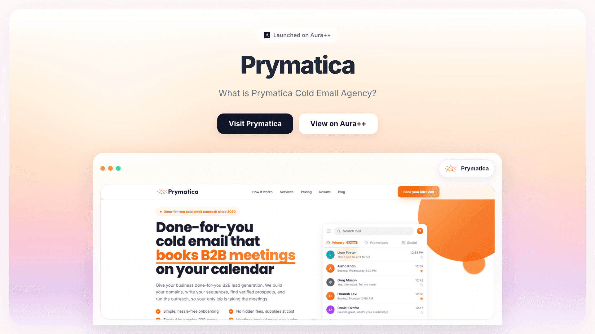 Prymatica - Done-for-You Cold Email Lead Generation launch story featured image on Aura++