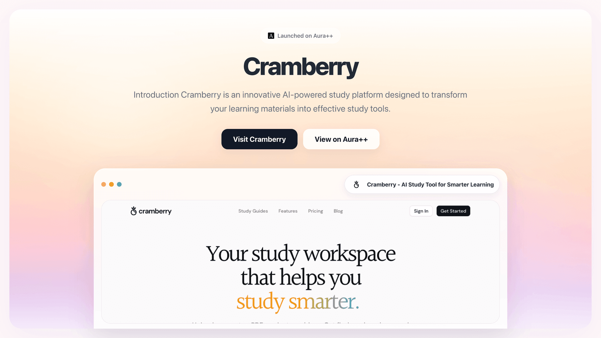 Cramberry - AI Study Tool for Smarter Learning launch story featured image on Aura++