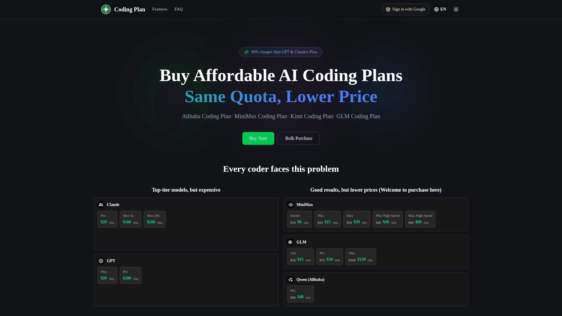 Affordable AI Coding Plans Platform product preview for startup listing on Aura++