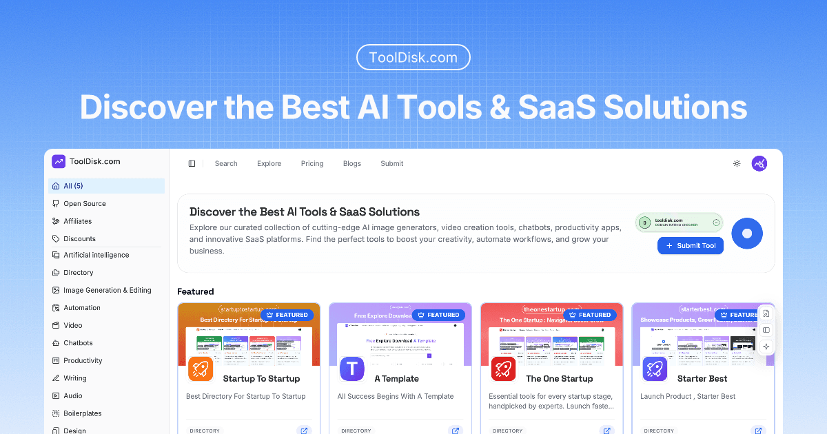 ToolDisk: AI & SaaS Tools Directory product preview for startup listing on Aura++