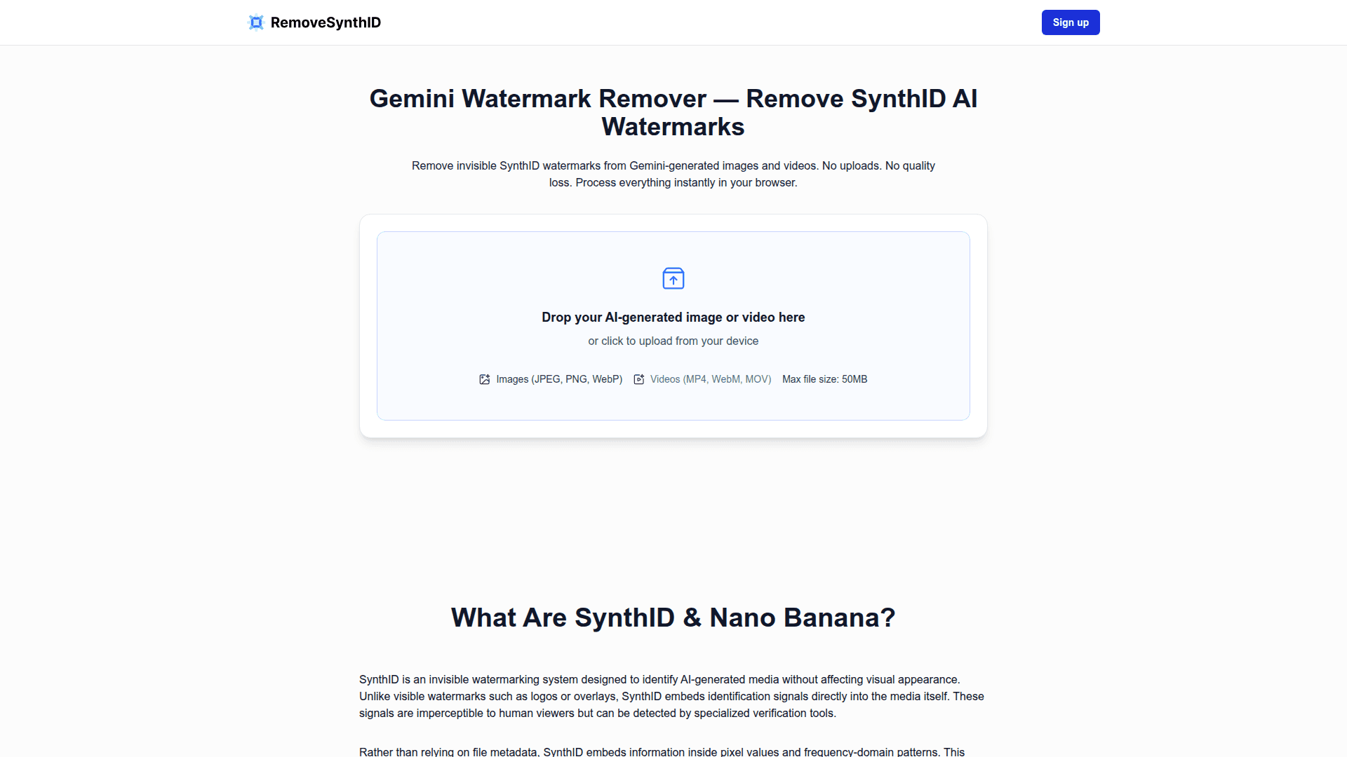RemoveSynthID AI Watermark Remover product preview for startup listing on Aura++