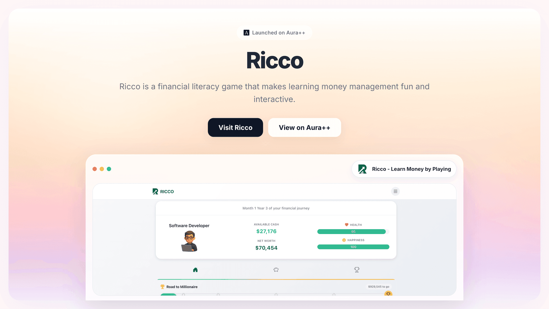 Ricco - Learn Money by Playing launch story featured image on Aura++