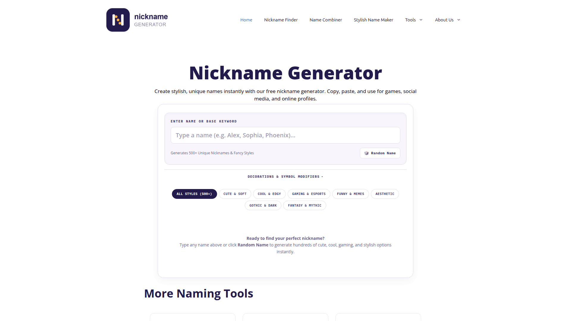 Nickname Generator & Style Tool product preview for startup listing on Aura++