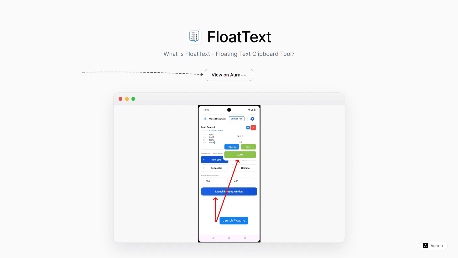FloatText - copy paste texts without switching apps  launch story featured image on Aura++