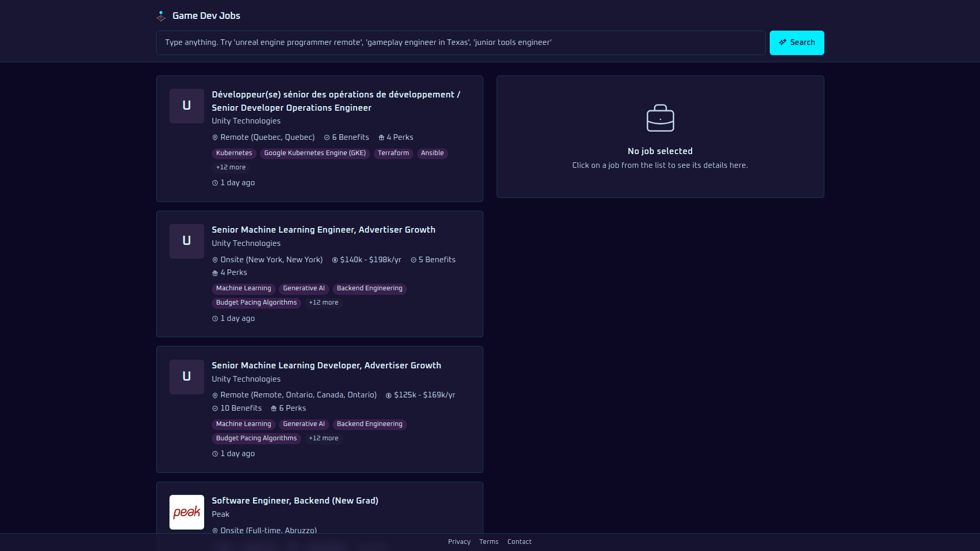 Game Dev Jobs product preview for startup listing on Aura++