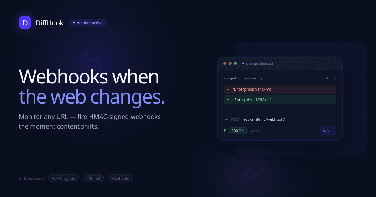 DiffHook Web Change Monitoring product preview for startup listing on Aura++