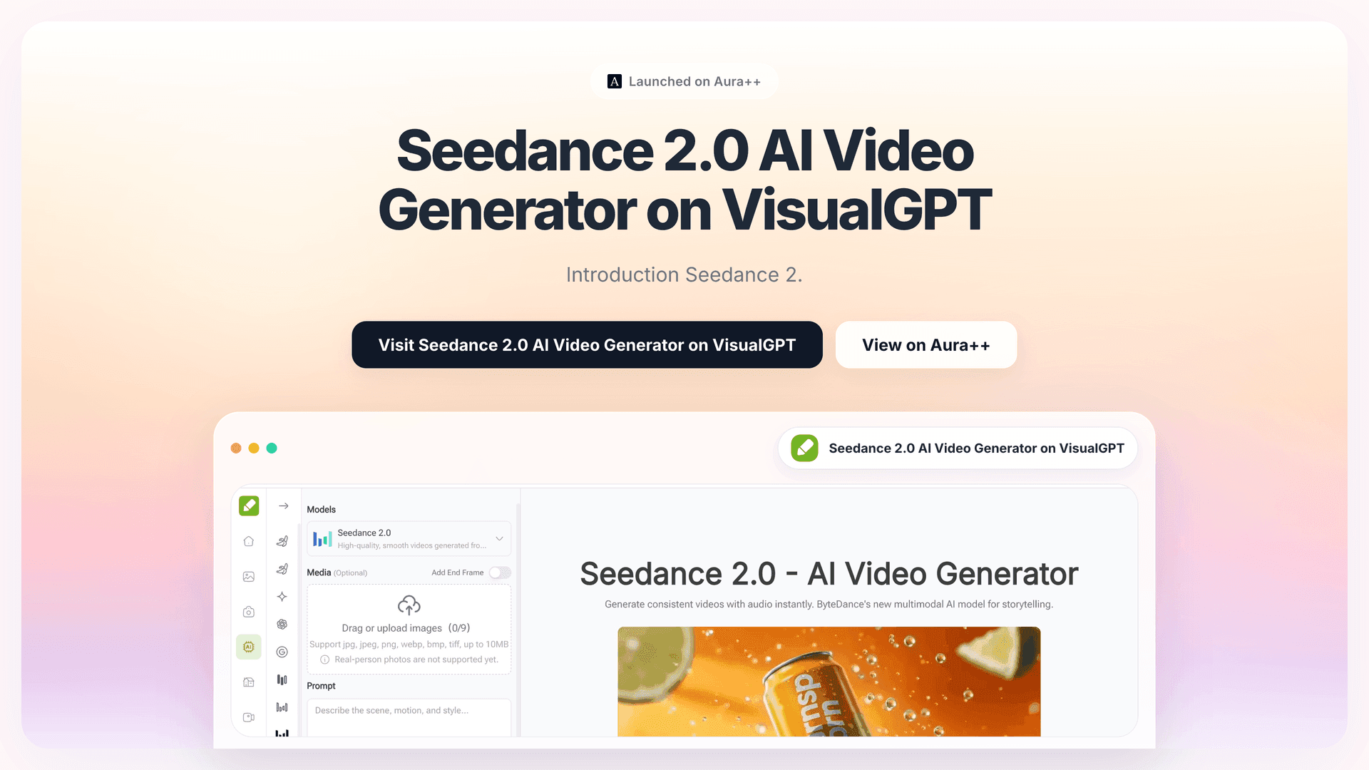 Seedance 2.0 AI Video Generator on VisualGPT launch story featured image on Aura++