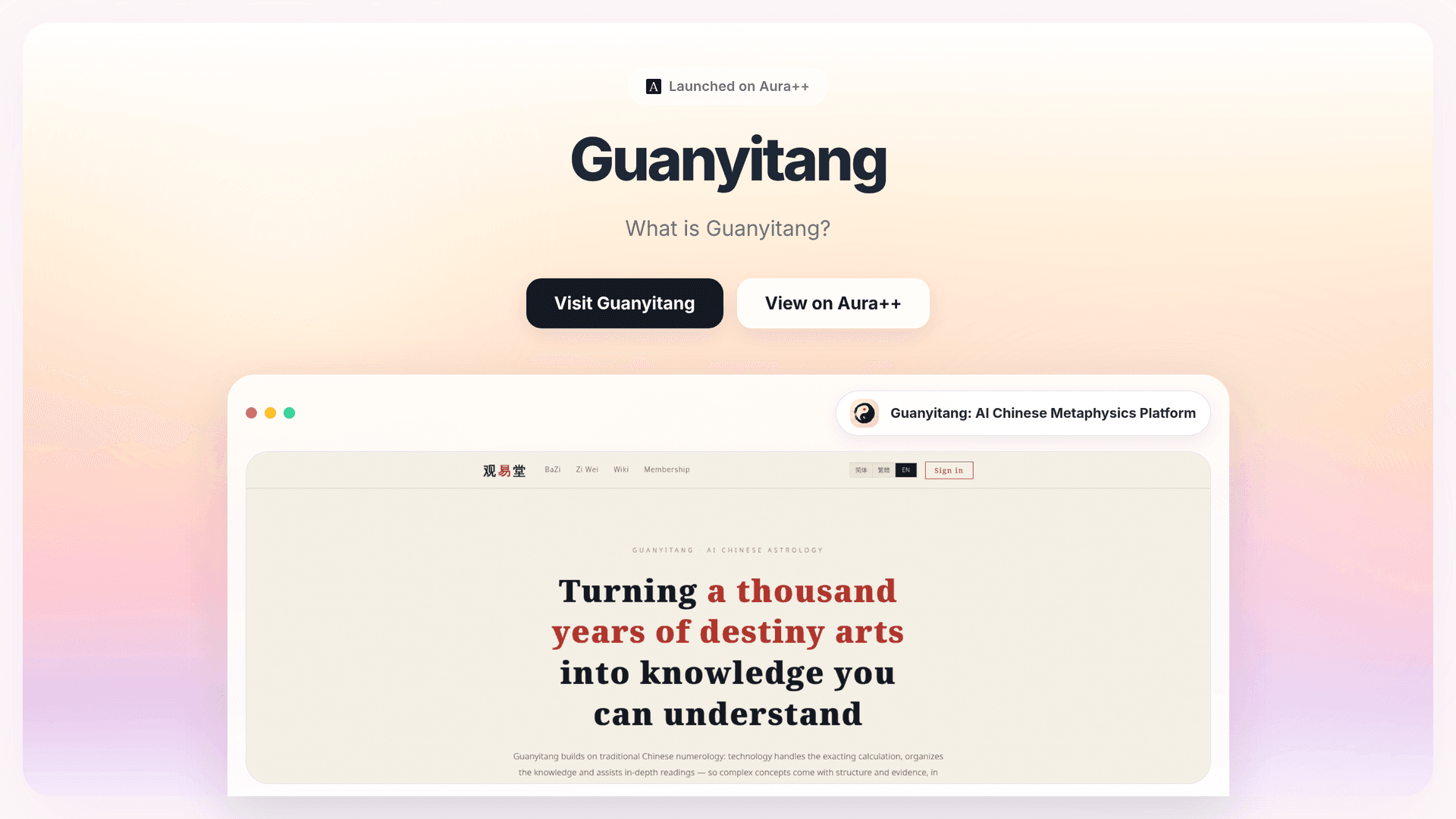 Guanyitang: AI Chinese Metaphysics Platform launch story featured image on Aura++